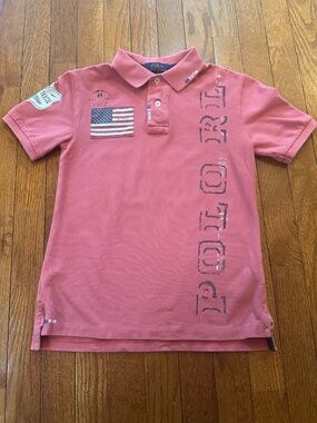 Polo Ralph Lauren Boys Pink Polo Shirt USA Flag Big Logo #55 Short Sleeve Size 8